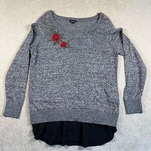 Torrid Black sweater Marbled‎ floral embroidery faux undershirt medium 00